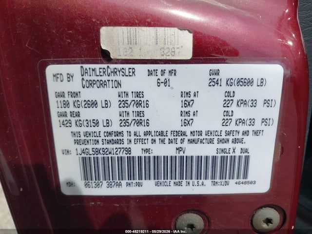 Продажа на аукционе авто 2002 Jeep Liberty Limited Edition, vin: 1J4GL58K92W127798, номер лота: 45219211
