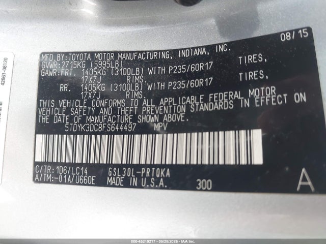 45219217 :رقم المزاد ، 5TDYK3DC8FS644497 vin ، 2015 Toyota Sienna Xle 8 Passenger مزاد بيع