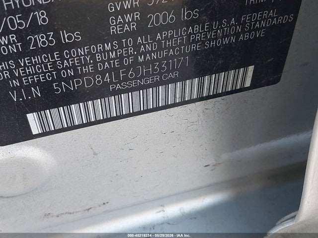 5NPD84LF6JH331171 Hyundai ELANTRA SEL