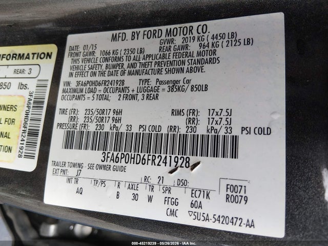 Aukcja sprzedaży 2015 Ford Fusion Se, vin: 3FA6P0HD6FR241928, numer aukcji: 45219239