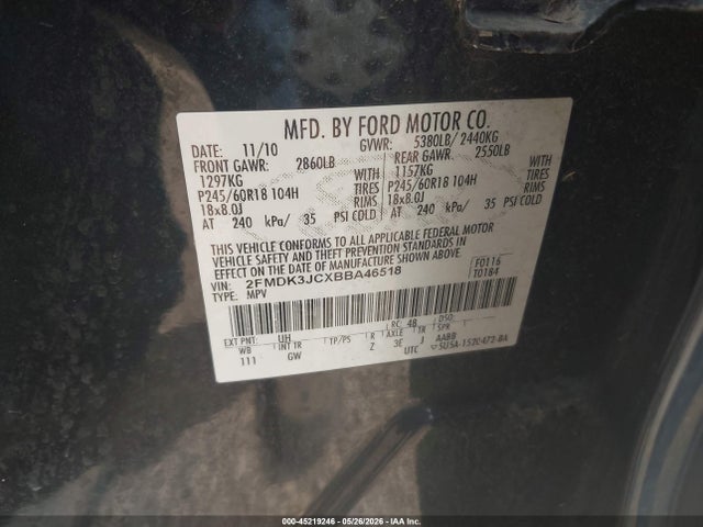45219246 :رقم المزاد ، 2FMDK3JCXBBA46518 vin ، 2011 Ford Edge Sel مزاد بيع