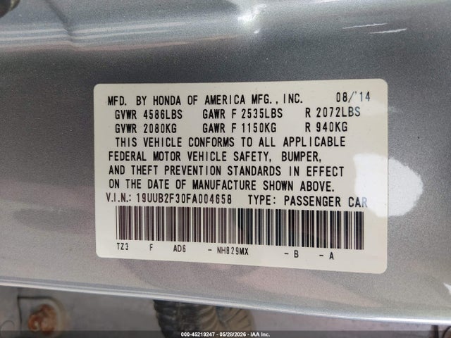 45219247 :رقم المزاد ، 19UUB2F30FA004658 vin ، 2015 Acura Tlx V6 مزاد بيع