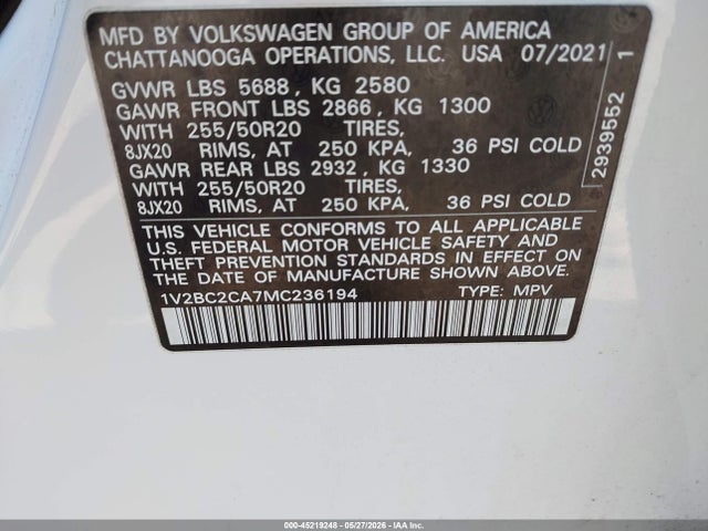 45219248 :رقم المزاد ، 1V2BC2CA7MC236194 vin ، 2021 Volkswagen Atlas Cross Sport 2.0t Sel مزاد بيع