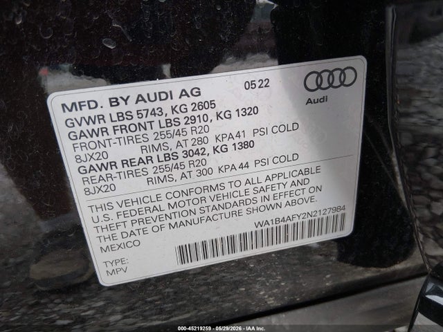 Aukcja sprzedaży 2022 Audi Sq5 Premium Plus Tfsi Quattro Tiptronic, vin: WA1B4AFY2N2127984, numer aukcji: 45219259