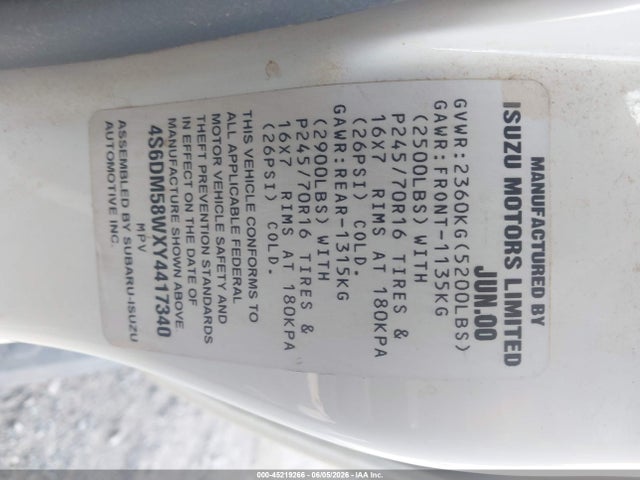 Aukcja sprzedaży 2000 Honda Passport Ex/lx, vin: 4S6DM58WXY4417340, numer aukcji: 45219266