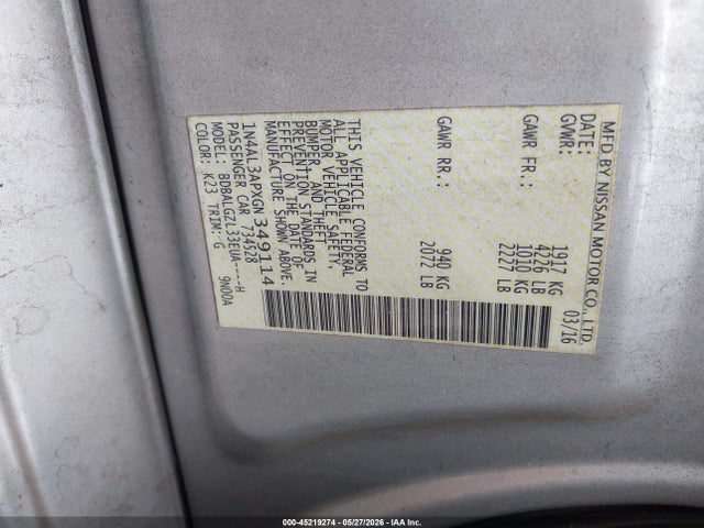 Aukcja sprzedaży 2016 Nissan Altima 2.5 S, vin: 1N4AL3APXGN349114, numer aukcji: 45219274