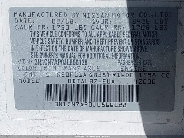 Aukcja sprzedaży 2018 Nissan Versa 1.6 Sv, vin: 3N1CN7AP0JL866128, numer aukcji: 45219279
