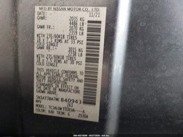 5N1AT3BA7MC840943 Nissan Rogue Sv Fwd
