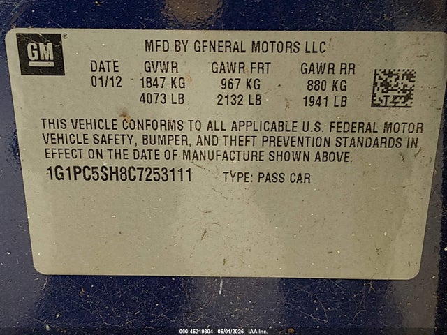 Продаж на аукціоні авто 2012 Chevrolet Cruze Ls, vin: 1G1PC5SH8C7253111, номер лоту: 45219304