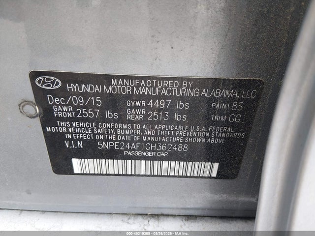 2016 Hyundai Sonata Se მანქანა იყიდება აუქციონზე, vin: 5NPE24AF1GH362488, აუქციონის ნომერი: 45219309