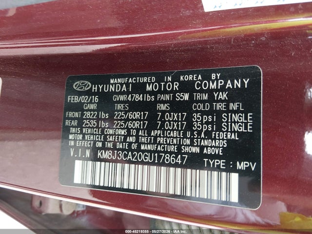 Продаж на аукціоні авто 2016 Hyundai Tucson Eco, vin: KM8J3CA20GU178647, номер лоту: 45219355