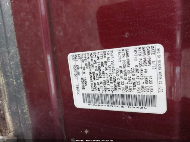 45219358 :رقم المزاد ، JN8AZ1MU0CW116379 vin ، 2012 Nissan Murano Sl مزاد بيع