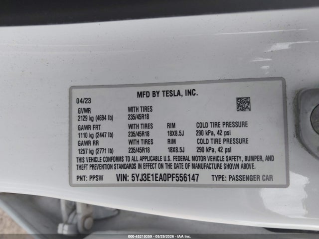 45219359 :رقم المزاد ، 5YJ3E1EA0PF556147 vin ، 2023 Tesla Model 3 Rear-wheel Drive مزاد بيع