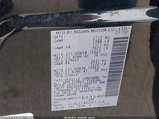 45219370 :رقم المزاد ، 5N1DR2BM3LC613540 vin ، 2020 Nissan Pathfinder Sv 4wd مزاد بيع