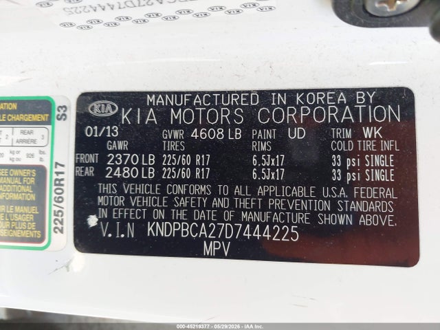 Продажа на аукционе авто 2013 Kia Sportage Lx, vin: KNDPBCA27D7444225, номер лота: 45219377