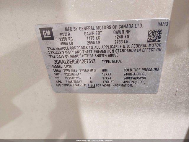 Продаж на аукціоні авто 2013 Chevrolet Equinox 1lt, vin: 2GNALDEK9D1257513, номер лоту: 45219385