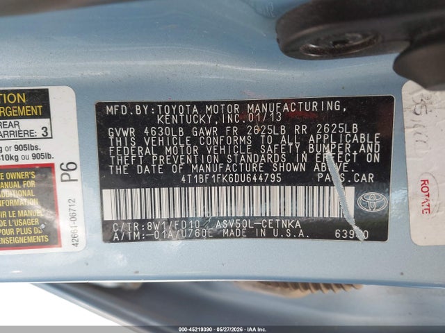 2013 Toyota Camry Le მანქანა იყიდება აუქციონზე, vin: 4T1BF1FK6DU644795, აუქციონის ნომერი: 45219390