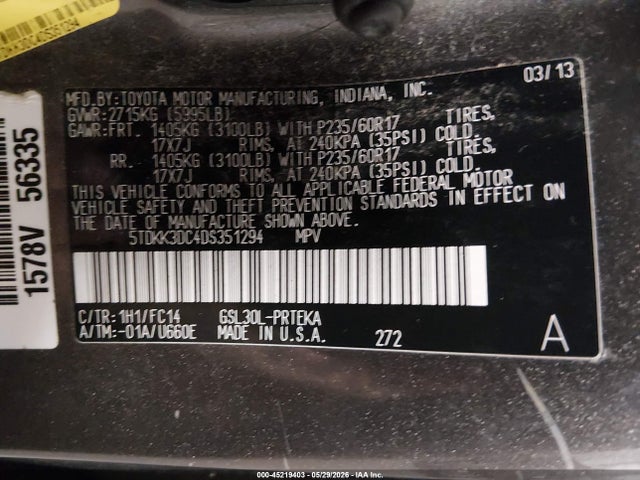 2013 Toyota Sienna Le V6 8 Passenger მანქანა იყიდება აუქციონზე, vin: 5TDKK3DC4DS351294, აუქციონის ნომერი: 45219403