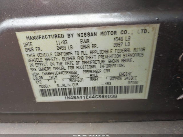 Aukcja sprzedaży 2004 Nissan Maxima 3.5 Se, vin: 1N4BA41E44C869038, numer aukcji: 45219413