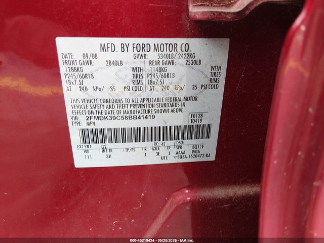 Aukcja sprzedaży 2008 Ford Edge Limited, vin: 2FMDK39C58BB41419, numer aukcji: 45219424