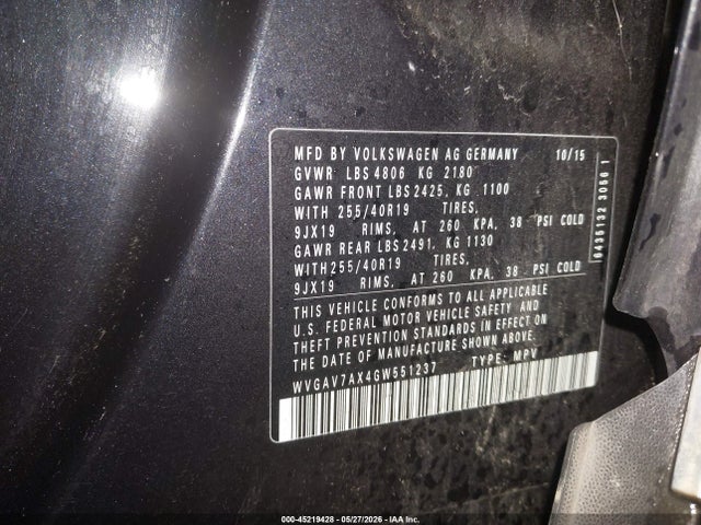 45219428 :رقم المزاد ، WVGAV7AX4GW551237 vin ، 2016 Volkswagen Tiguan Sel مزاد بيع