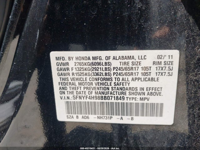2011 Honda Pilot Touring მანქანა იყიდება აუქციონზე, vin: 5FNYF4H98BB071849, აუქციონის ნომერი: 45219431