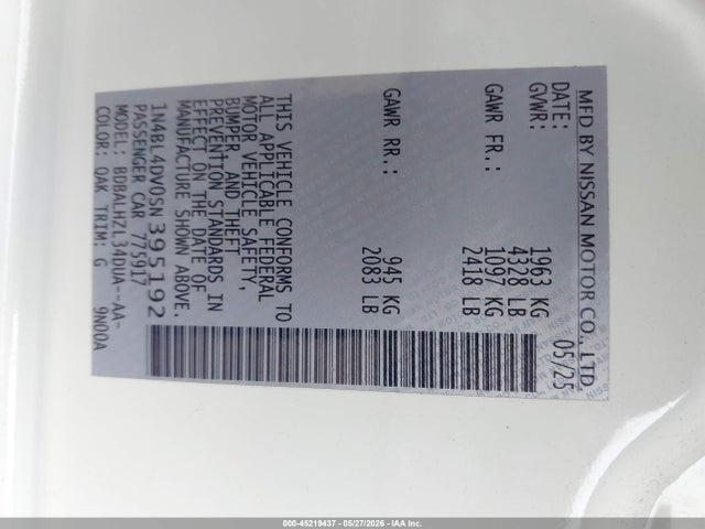 Продажа на аукционе авто 2025 Nissan Altima Sv Fwd, vin: 1N4BL4DV0SN395192, номер лота: 45219437
