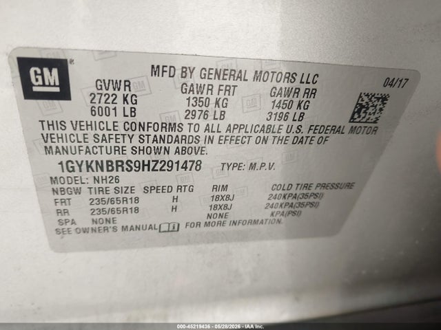 Aukcja sprzedaży 2017 Cadillac Xt5 Luxury, vin: 1GYKNBRS9HZ291478, numer aukcji: 45219436