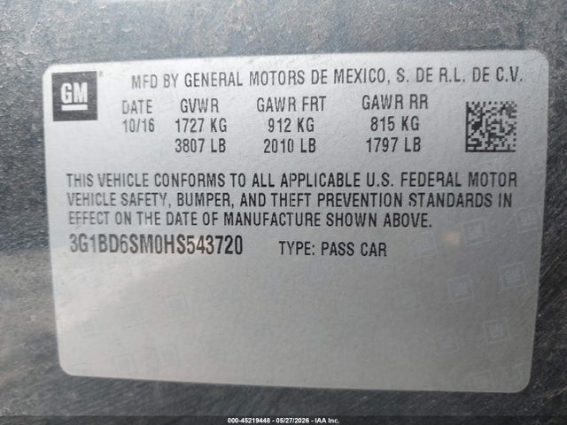 2017 Chevrolet Cruze Lt Manual მანქანა იყიდება აუქციონზე, vin: 3G1BD6SM0HS543720, აუქციონის ნომერი: 45219448