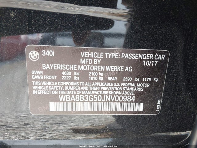 45219461 :رقم المزاد ، WBA8B3G50JNV00984 vin ، 2018 Bmw 340i مزاد بيع