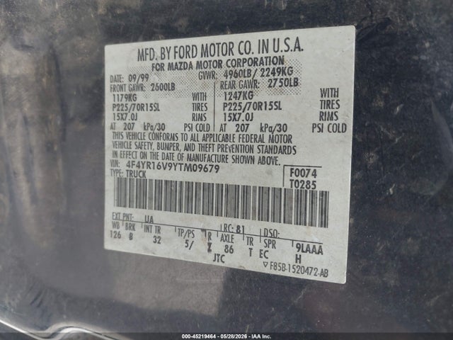 Aukcja sprzedaży 2000 Mazda B3000 Se/tl, vin: 4F4YR16V9YTM09679, numer aukcji: 45219464