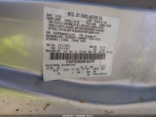 45219471 :رقم المزاد ، 1FAHP3GN0AW166590 vin ، 2010 Ford Focus Ses مزاد بيع