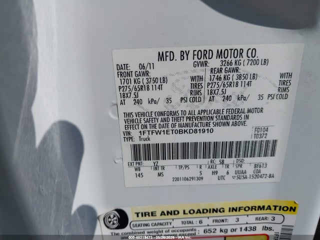 Aukcja sprzedaży 2011 Ford F-150 Xlt, vin: 1FTFW1ET0BKD81910, numer aukcji: 45219473