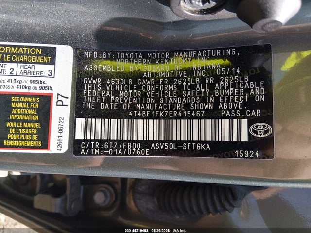 45219493 :رقم المزاد ، 4T4BF1FK7ER415467 vin ، 2014 Toyota Camry Xle مزاد بيع