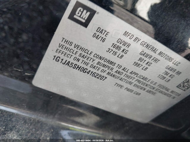 45219494 :رقم المزاد ، 1G1JA5SH0G4162207 vin ، 2016 Chevrolet Sonic Ls Auto مزاد بيع