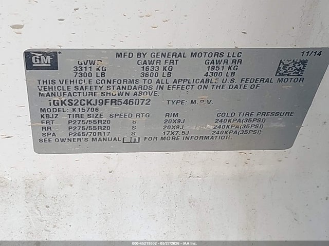Aukcja sprzedaży 2015 Gmc Yukon Denali, vin: 1GKS2CKJ9FR546072, numer aukcji: 45219502