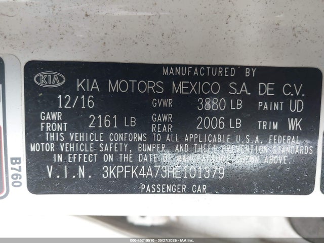 Продажа на аукционе авто 2017 Kia Forte Lx, vin: 3KPFK4A73HE101379, номер лота: 45219510