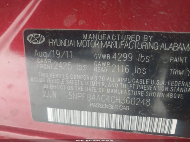 Продаж на аукціоні авто 2012 Hyundai Sonata Gls, vin: 5NPEB4AC4CH360248, номер лоту: 45219516