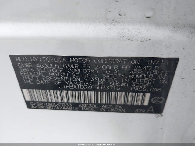 45219520 :رقم المزاد ، JTHBA1D24G5033716 vin ، 2016 Lexus Is 200t مزاد بيع