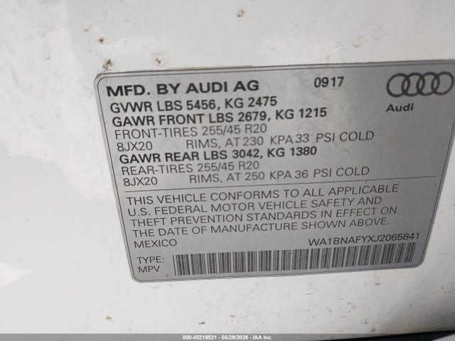 Aukcja sprzedaży 2018 Audi Q5 2.0t Premium/2.0t Tech Premium, vin: WA1BNAFYXJ2065841, numer aukcji: 45219521