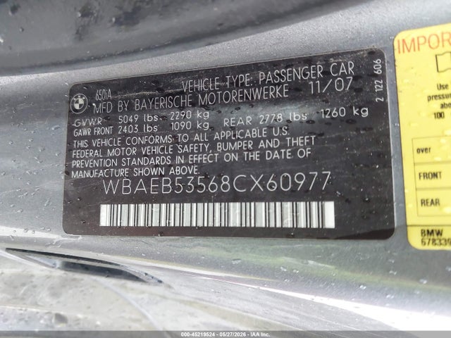 Aukcja sprzedaży 2008 Bmw 650i, vin: WBAEB53568CX60977, numer aukcji: 45219524