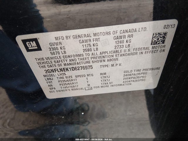 2013 Chevrolet Equinox 2lt მანქანა იყიდება აუქციონზე, vin: 2GNFLNEK1D6276975, აუქციონის ნომერი: 45219547