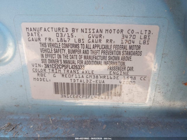 Aukcja sprzedaży 2015 Nissan Versa Note S (sr)/s Plus/sl/sr/sv, vin: 3N1CE2CP5FL426333, numer aukcji: 45219562