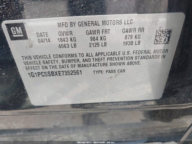 45219572 :رقم المزاد ، 1G1PC5SBXE7352561 vin ، 2014 Chevrolet Cruze 1lt Auto مزاد بيع