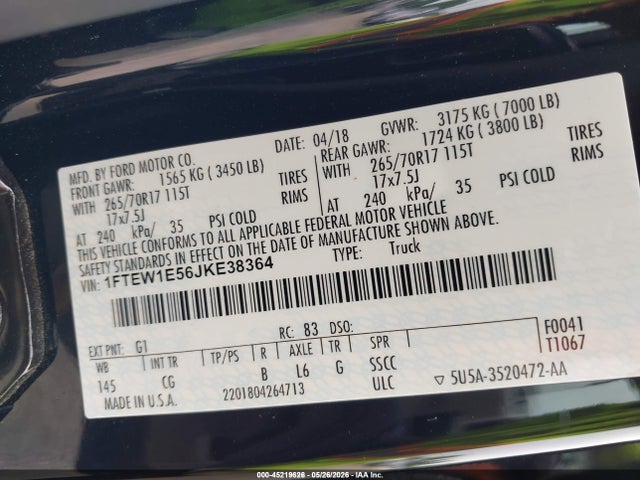 Aukcja sprzedaży 2018 Ford F-150 Xl, vin: 1FTEW1E56JKE38364, numer aukcji: 45219626