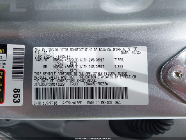 Продаж на аукціоні авто 2025 Toyota Tacoma Sr5, vin: 3TMLB5JN5SM143220, номер лоту: 45219631