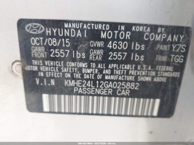 2016 Hyundai Sonata Hybrid Se მანქანა იყიდება აუქციონზე, vin: KMHE24L12GA025882, აუქციონის ნომერი: 45219640