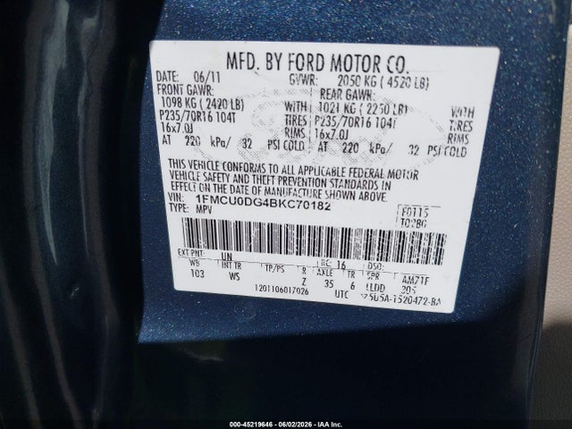 Продаж на аукціоні авто 2011 Ford Escape Xlt, vin: 1FMCU0DG4BKC70182, номер лоту: 45219646