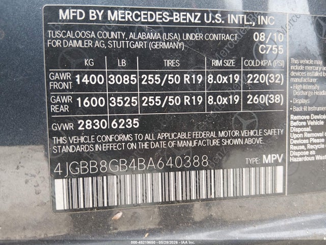 45219650 :رقم المزاد ، 4JGBB8GB4BA640388 vin ، 2011 Mercedes-benz Ml 350 4matic مزاد بيع