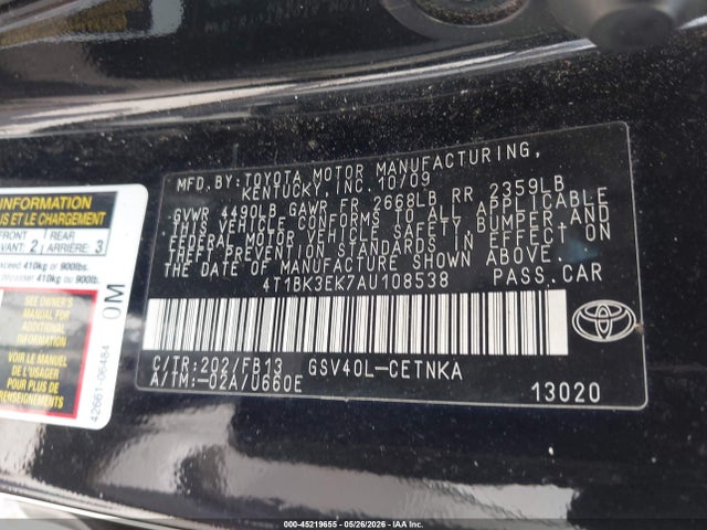45219655 :رقم المزاد ، 4T1BK3EK7AU108538 vin ، 2010 Toyota Camry Le V6 مزاد بيع